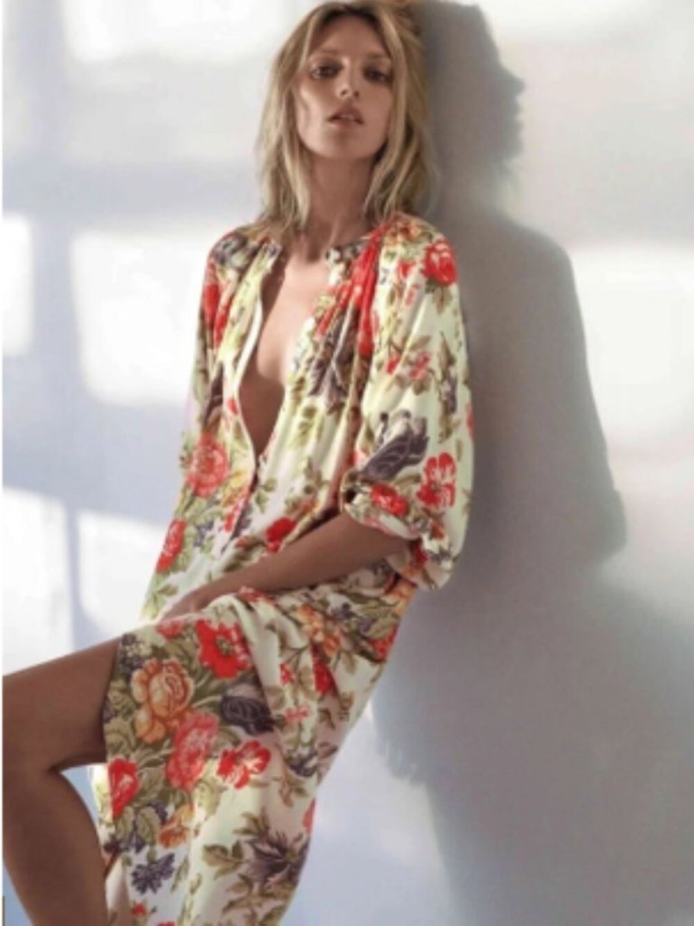 NWT Zara Cream Floral Henley Midi Dress with Pink, Yellow and Blue Accents SizeS